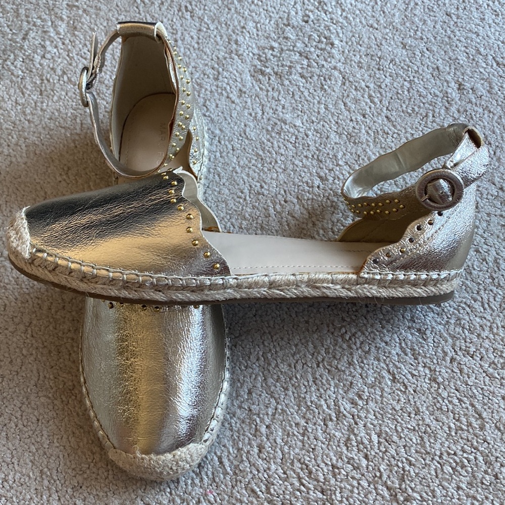 Marc Fisher Jarquis micro-studded scalloped edge metallic espadrille flats